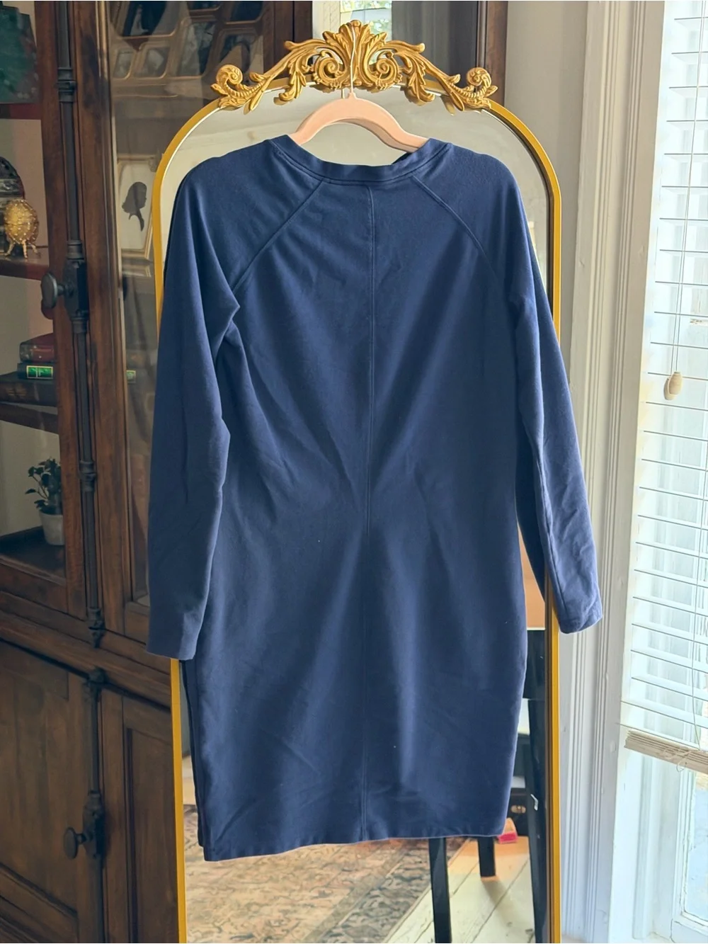 Athleta Navy Long-Sleeve V-Neck Sweatshirt Dress with Zip Pockets